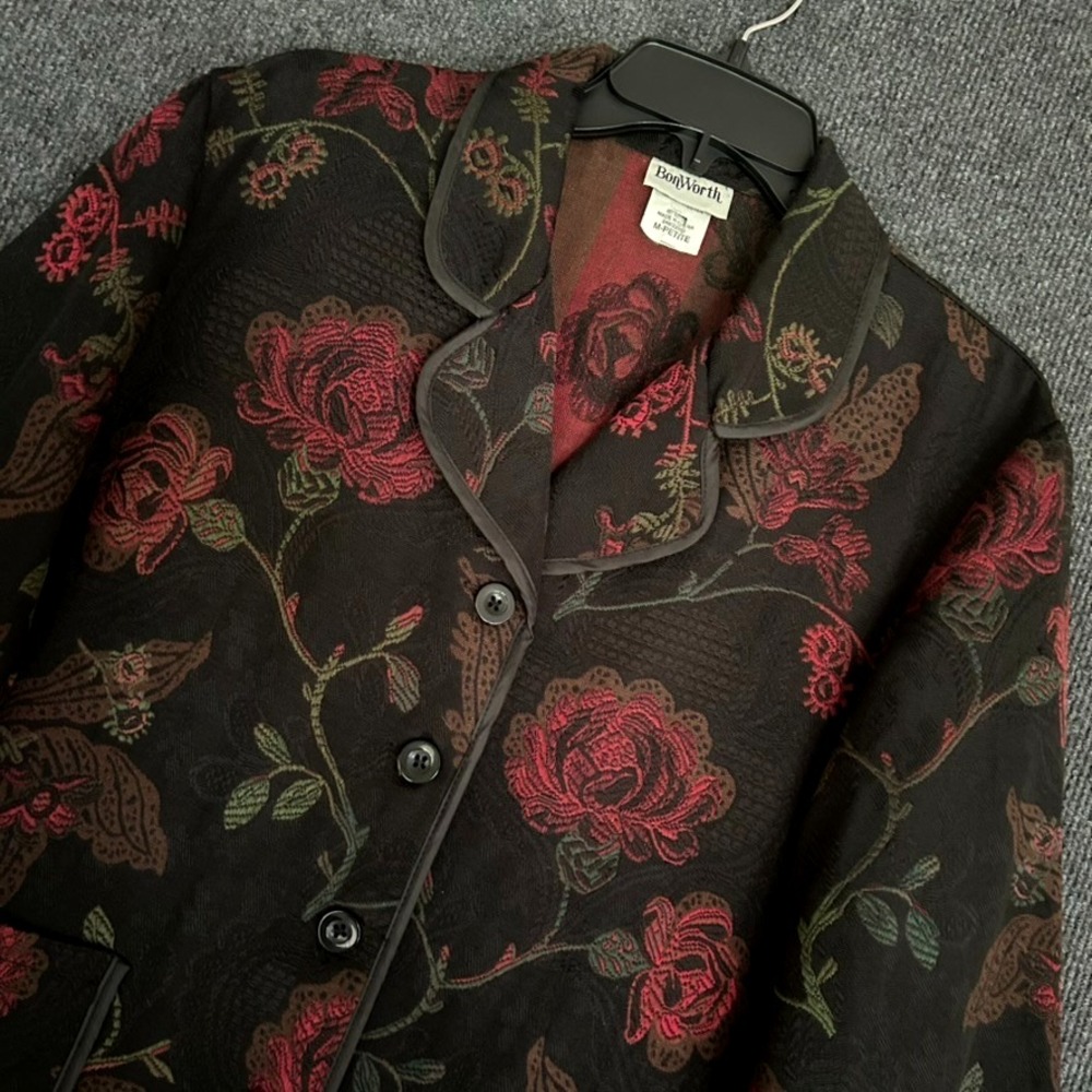 Vintage Bonworth Black Floral Tapestry Jacket Woven Red Rose Pattern M Petite
